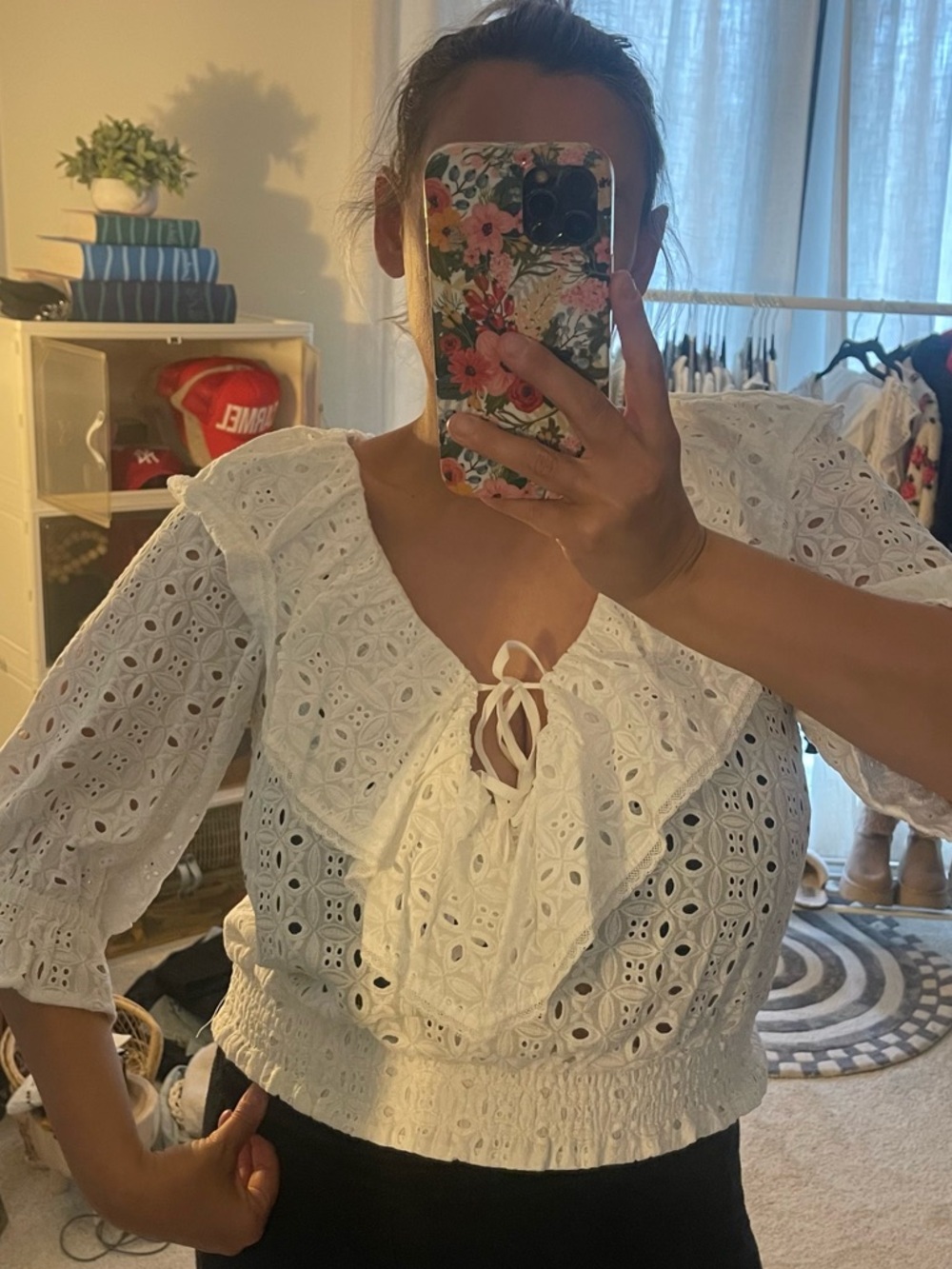 Anthropologie White Eyelet Ruffle Tie-Front Blouse